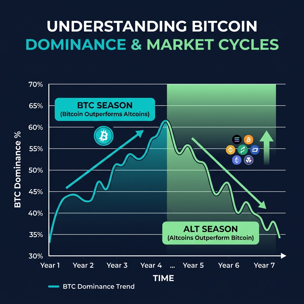 Bitcoin dominance chart showing BTC Season (rising) and Alt Season (falling) zones