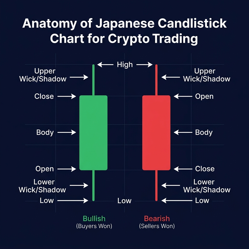 Anatomy of a candlestick — showing open, close, high, low, body, and wicks for both bullish and bearish candles
