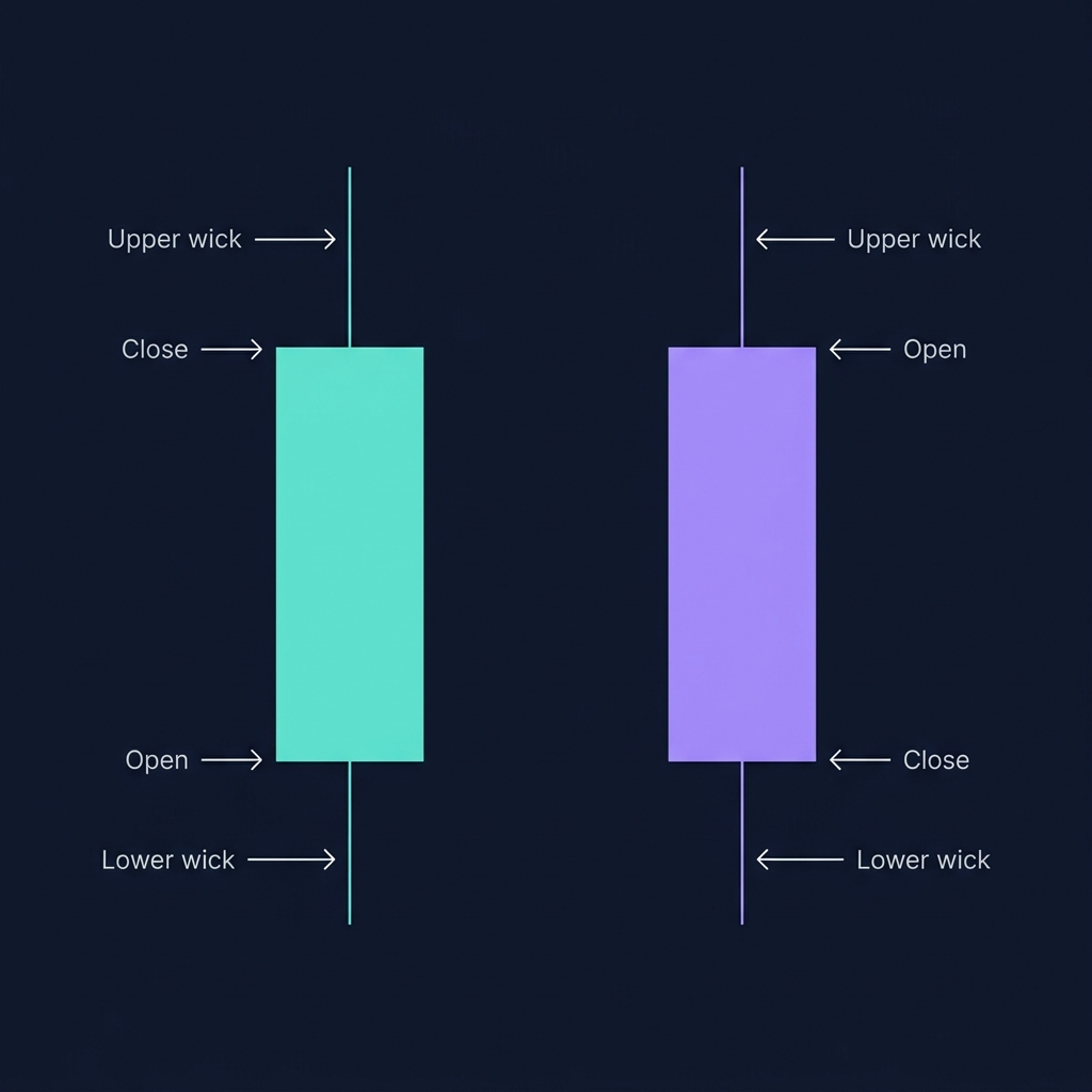 Candlestick anatomy — bullish and bearish candle with labeled open, close, upper wick, and lower wick components