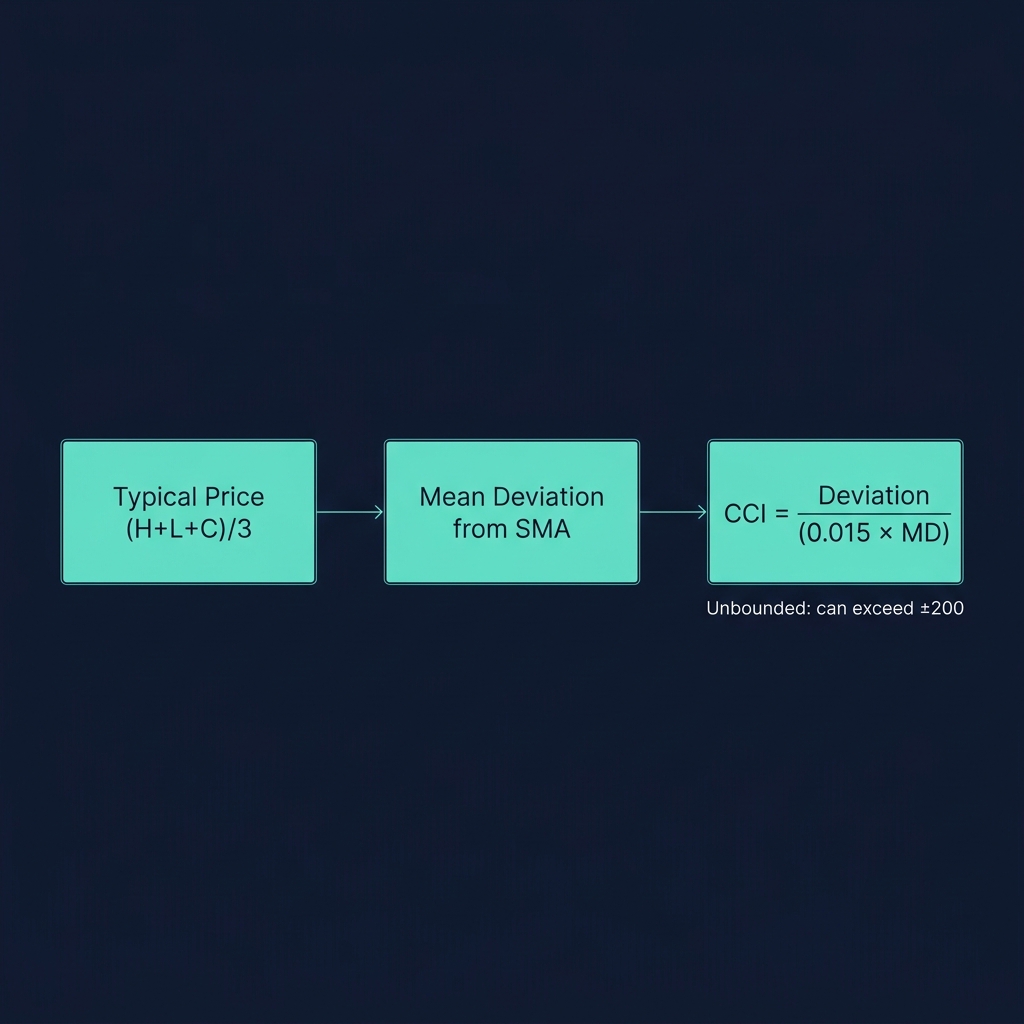 CCI calculation flow — Typical Price to SMA deviation to normalized CCI reading