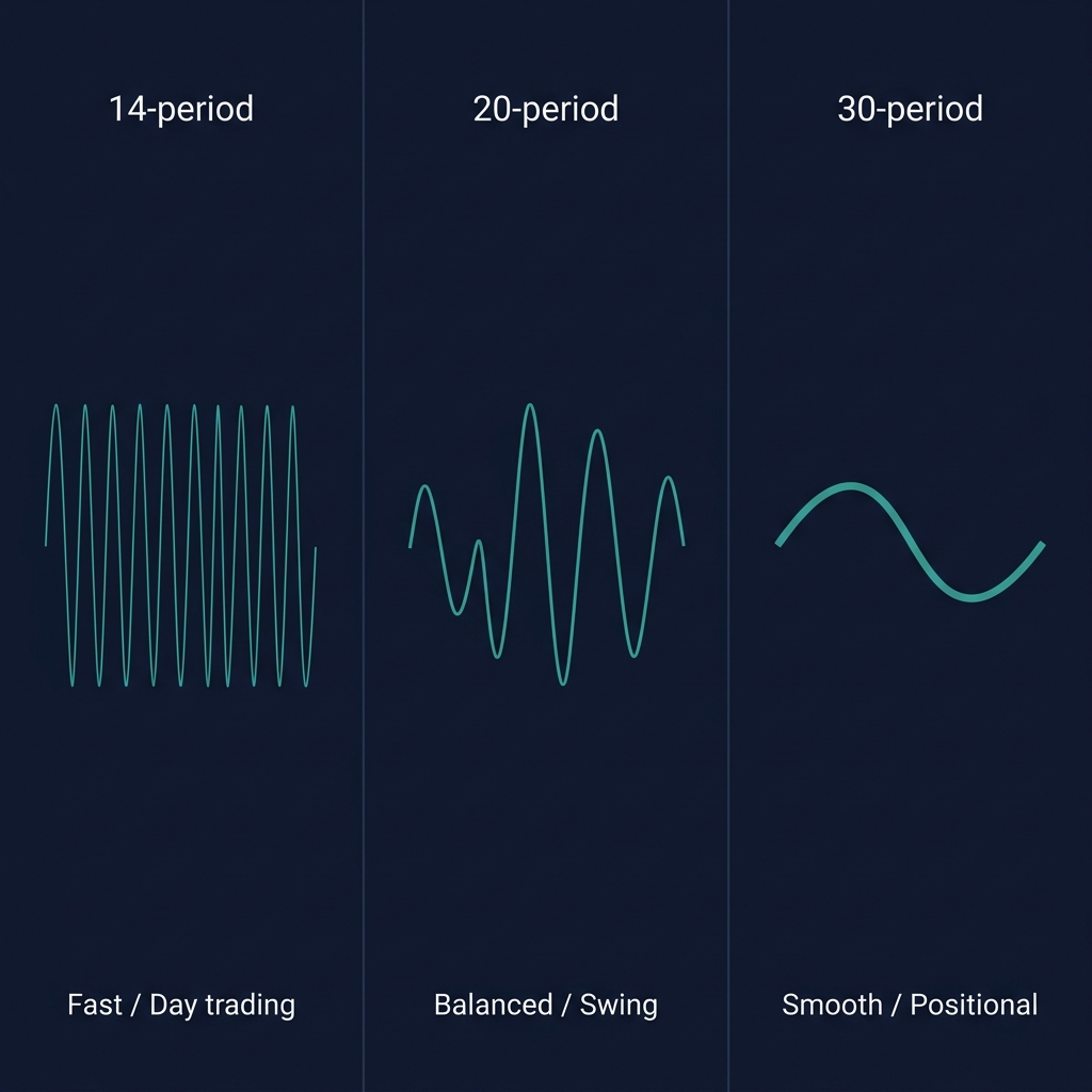 CCI period settings comparison — 14-period (faster, more signals) vs 20-period (balanced) vs 30-period (smoother)