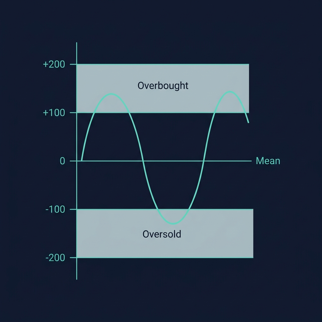 CCI zones diagram — unbounded oscillator showing +100/-100 extreme thresholds and zero centerline