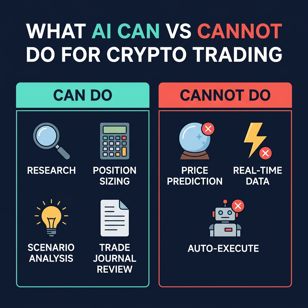Infographic showing what AI can and cannot do for crypto trading — research, position sizing, scenario analysis vs price prediction, real-time data, auto-execution