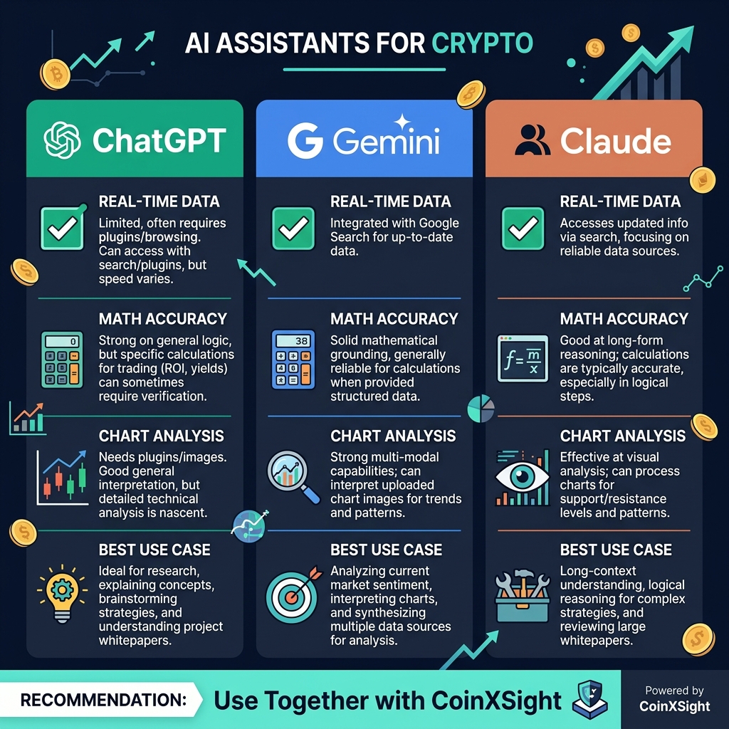 Side-by-side comparison of ChatGPT, Gemini, and Claude for crypto trading — real-time data, math accuracy, chart analysis, and best use case with CoinXSight recommendation
