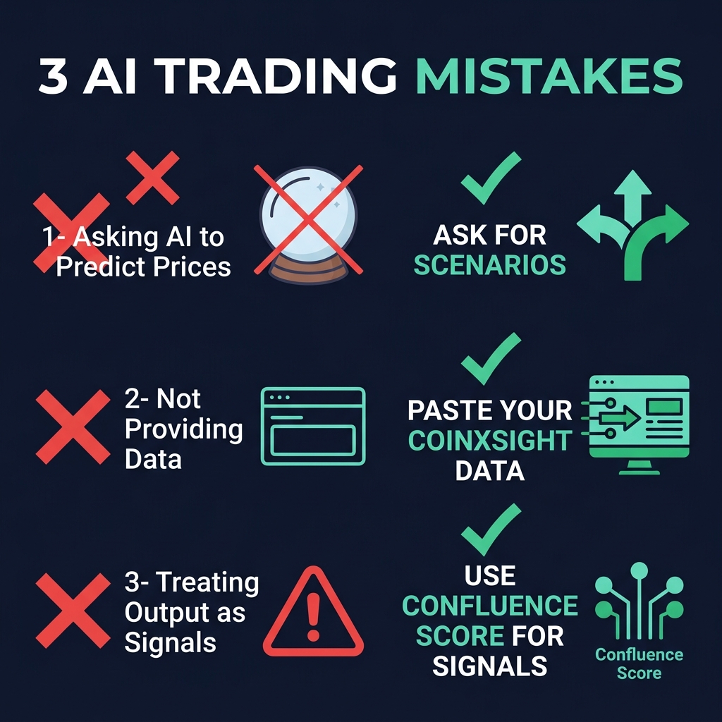 Three common AI trading mistakes with corrections — don't ask for price predictions (ask for scenarios), provide your CoinXSight data, use Confluence Score for signals instead of AI text