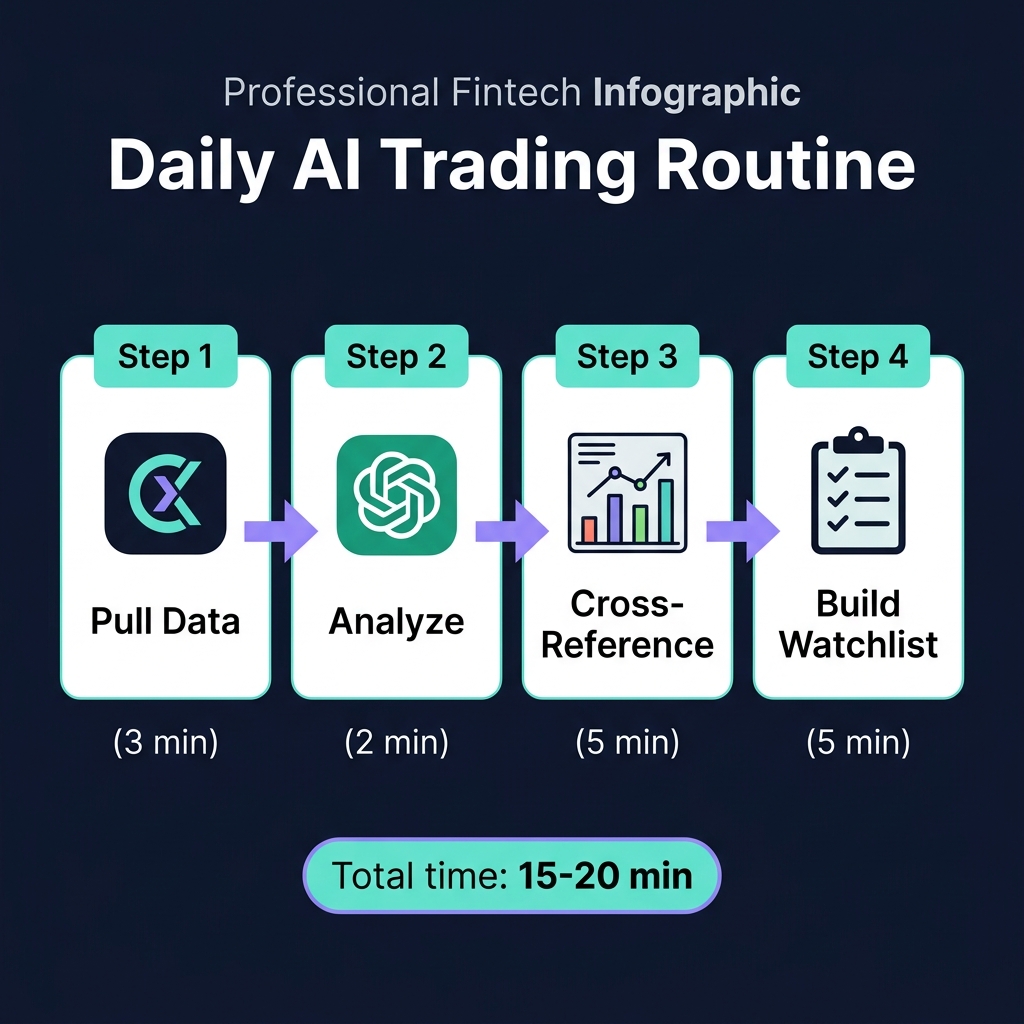 Step-by-step daily AI trading routine — Pull Data from CoinXSight (3 min), Analyze with ChatGPT (2 min), Cross-Reference charts (5 min), Build Watchlist (5 min)