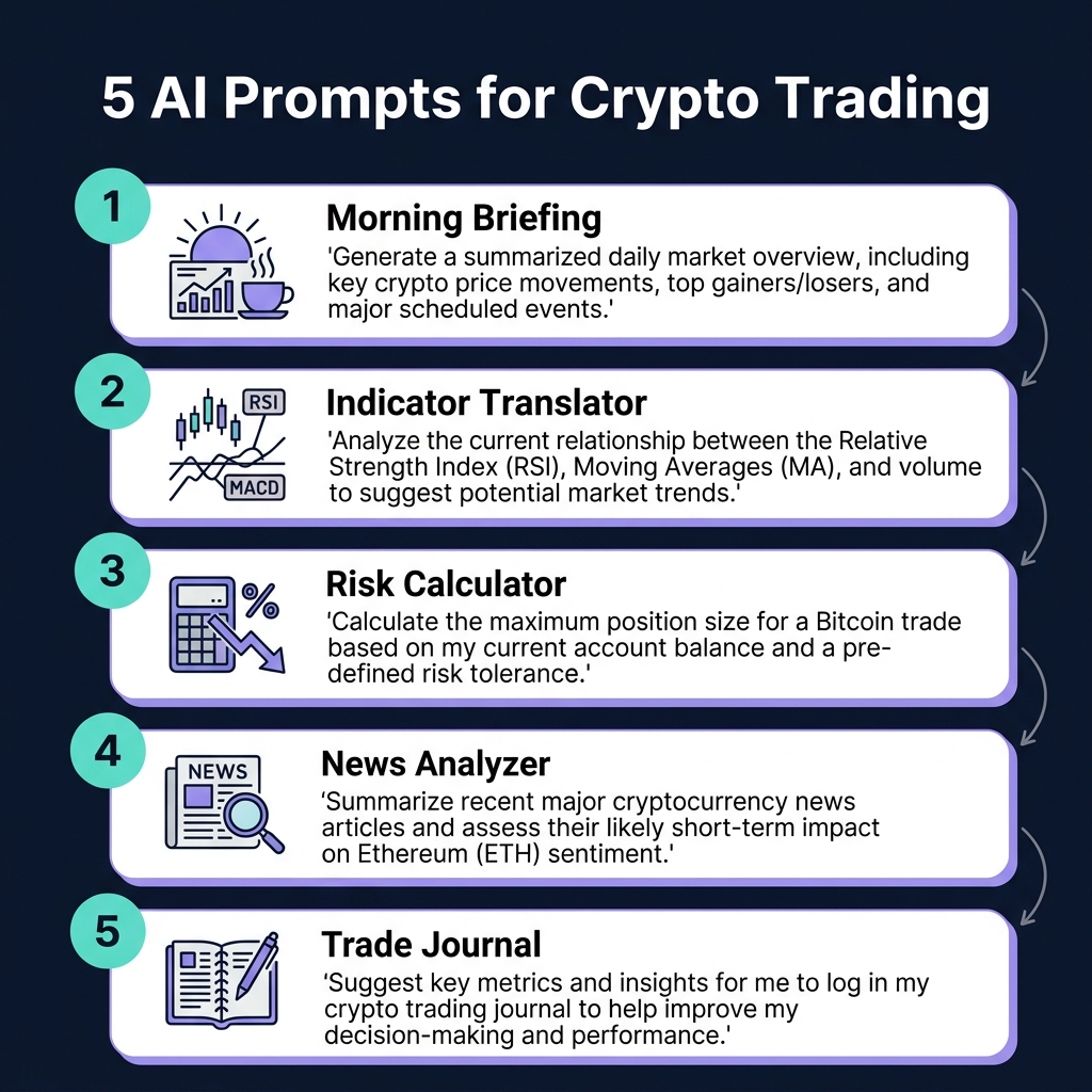 Five numbered AI prompt cards for crypto trading — Morning Briefing, Indicator Translator, Risk Calculator, News Analyzer, Trade Journal