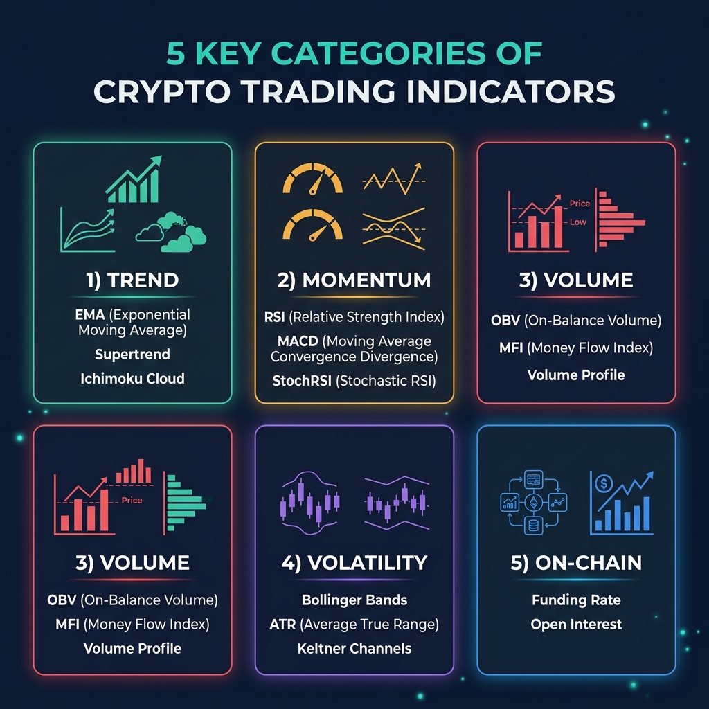 5 categories of crypto trading indicators: Trend, Momentum, Volume, Volatility, On-Chain