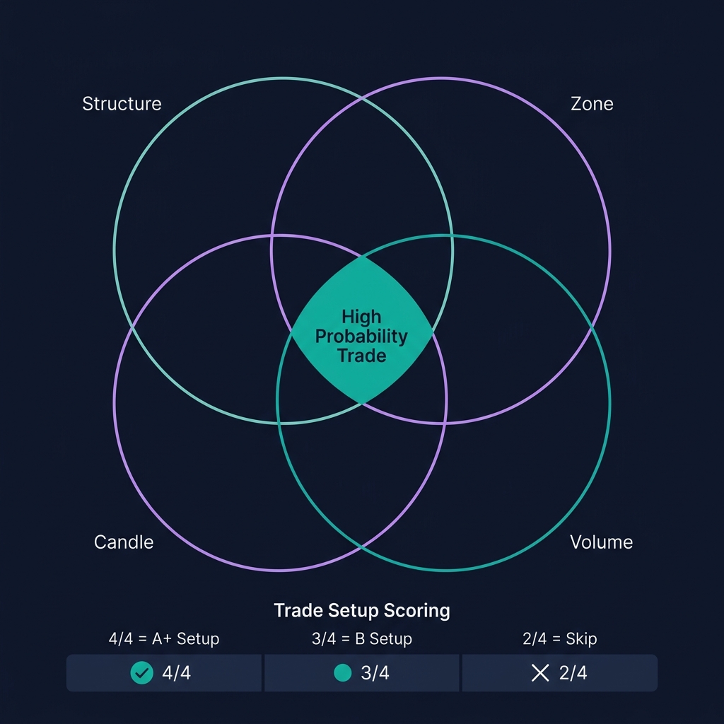 Confluence Venn diagram — Structure, Zone, Candle, Volume overlapping to show High Probability Trade in center
