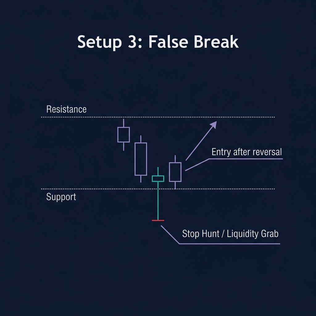 False Break setup — price sweeping below support into stop hunt zone, then reversing with entry after confirmation