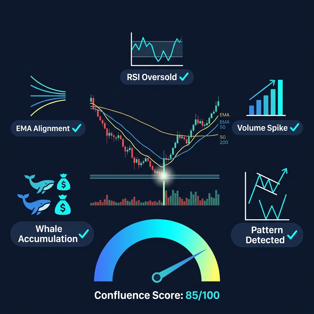 Confluence scoring system showing aligned signals — EMA, RSI, Volume, Whale, and Pattern detection converging for high-confidence score