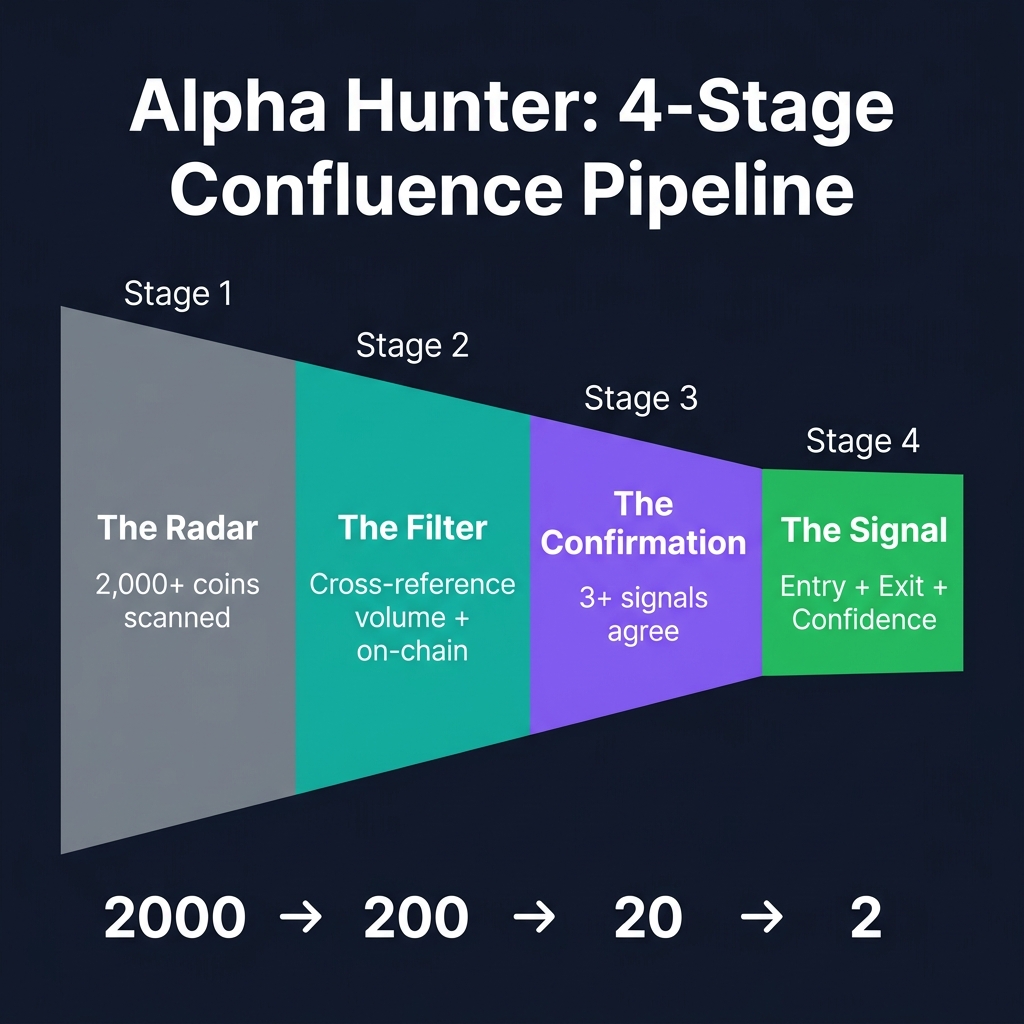 Alpha Hunter 4-Stage Confluence Pipeline — from 2,000 coins scanned to 2 actionable signals