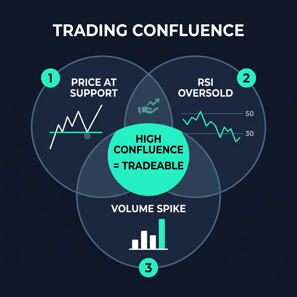 Confluence Venn diagram: Support + RSI Oversold + Volume Spike = Tradeable setup