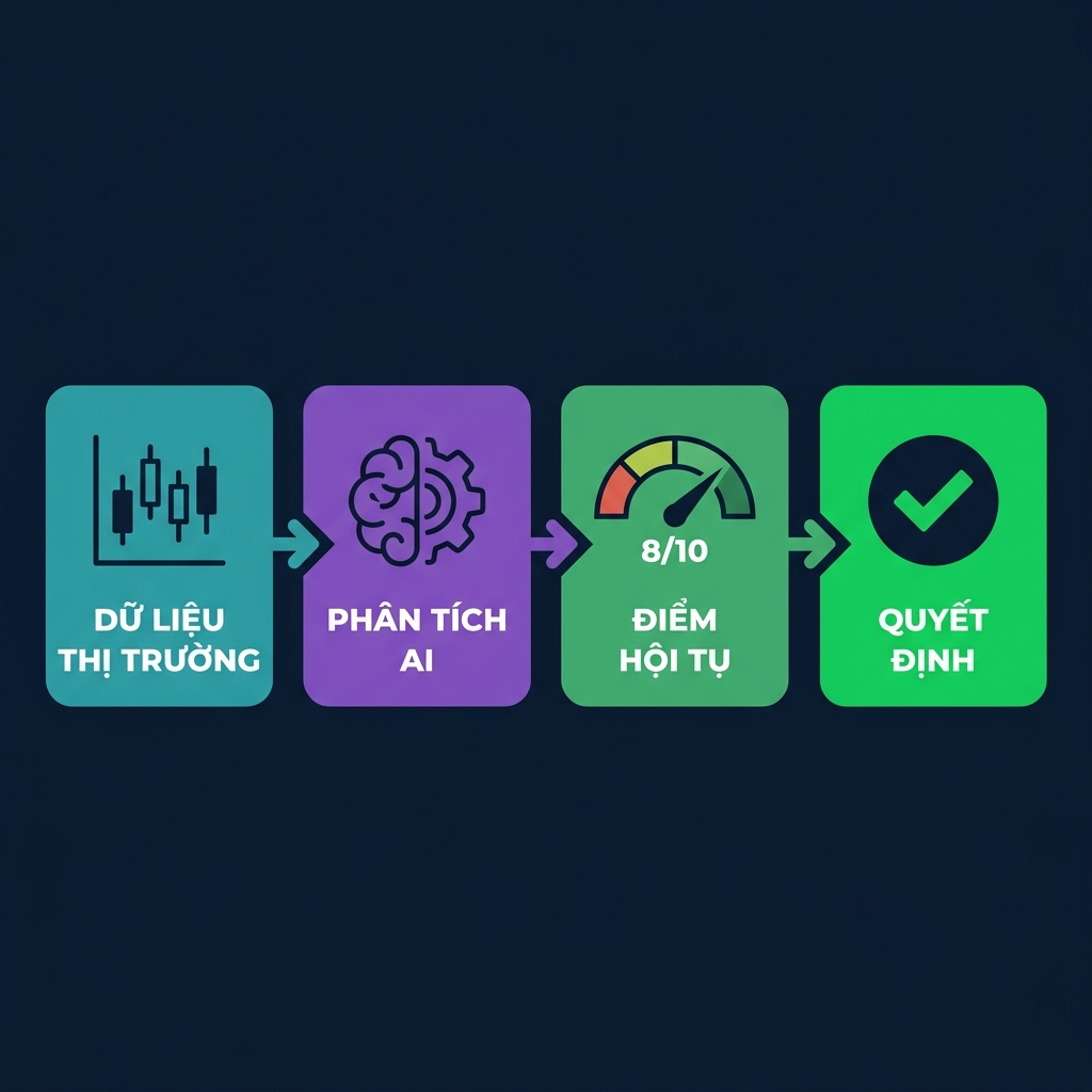 Quy trình phân tích của AI xử lý dữ liệu thị trường qua ChatGPT và CoinXSight để đưa ra quyết định giao dịch