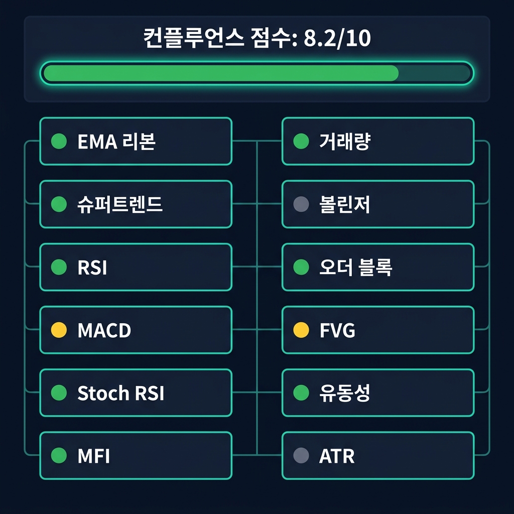 12단계 컨플루언스 분석과 개별 점수를 보여주는 CoinXSight 스코어링 대시보드