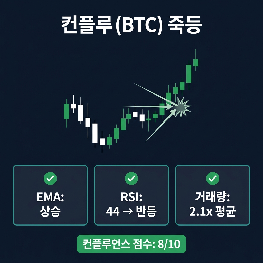 BTC 트레이딩 차트에서 하나의 컨플루언스 지점에 여러 지표가 정렬되는 모습
