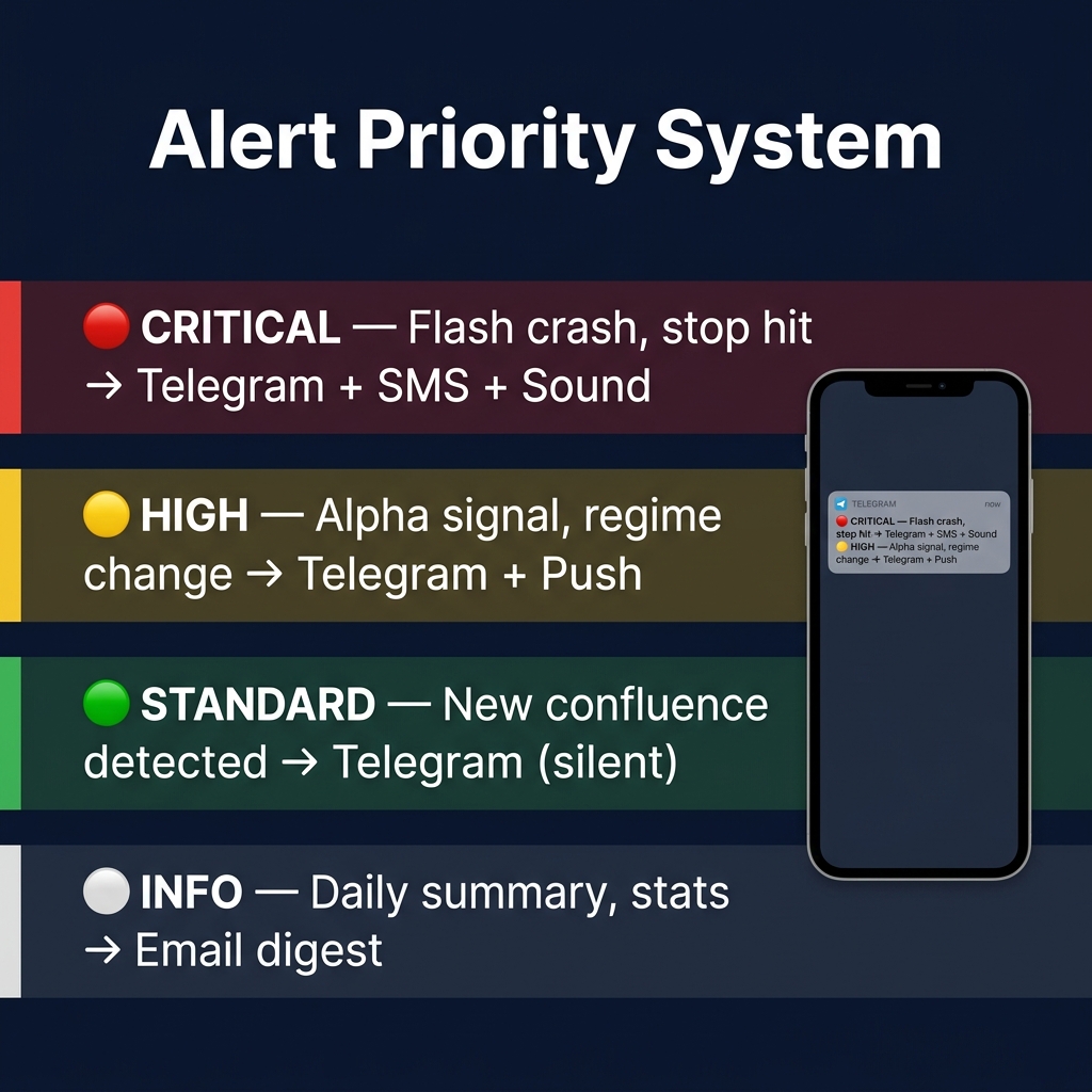 Alert Priority System: Critical (red) via SMS, High (yellow) via Push, Standard (green) silent, Info (gray) via email