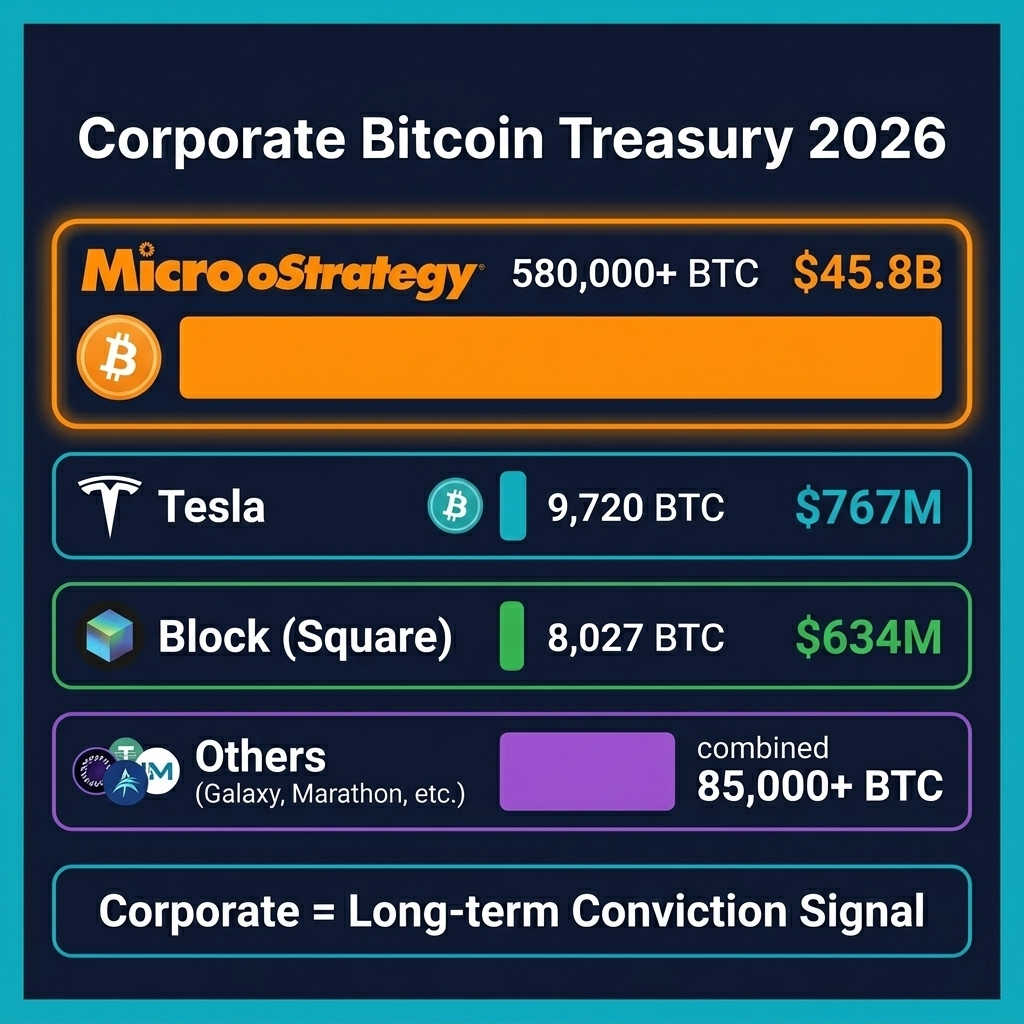 Corporate Bitcoin treasury holdings in 2026 showing MicroStrategy, Tesla, Block, and others