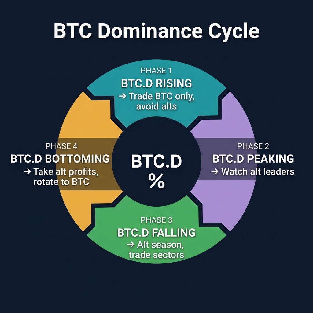 BTC Dominance Cycle — 4 phases: Rising (trade BTC), Peaking (watch alts), Falling (alt season), Bottoming (take profits)