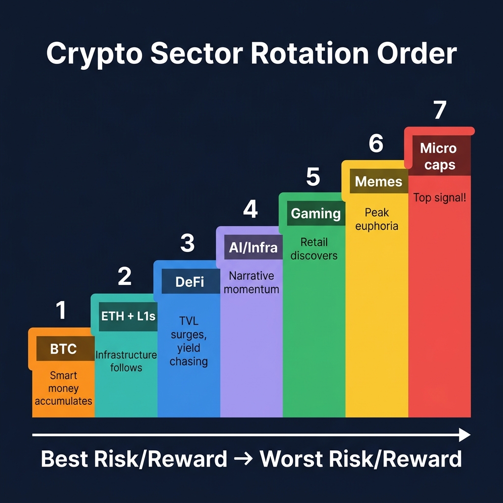 Crypto Sector Rotation Order — BTC → L1s → DeFi → AI → Gaming → Memes → Micro caps, best to worst R/R