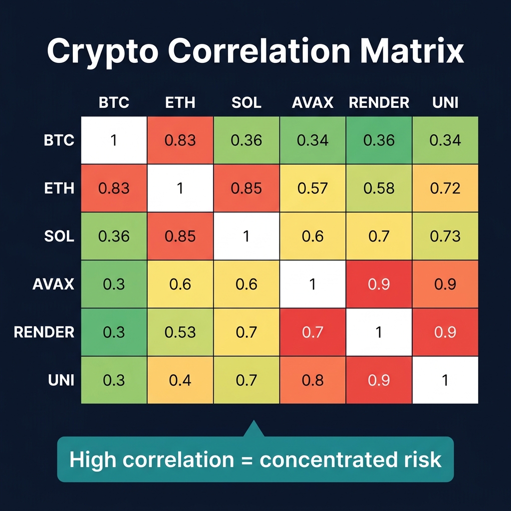 Crypto correlation heatmap showing pairwise correlations between BTC, ETH, SOL, AVAX, RENDER, and UNI with color gradient from blue to red