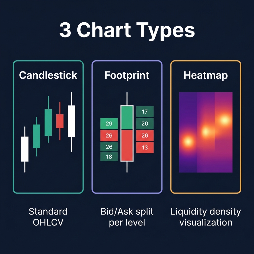 3 Chart Types — Candlestick (OHLCV), Footprint (bid/ask split), and Heatmap (liquidity density)