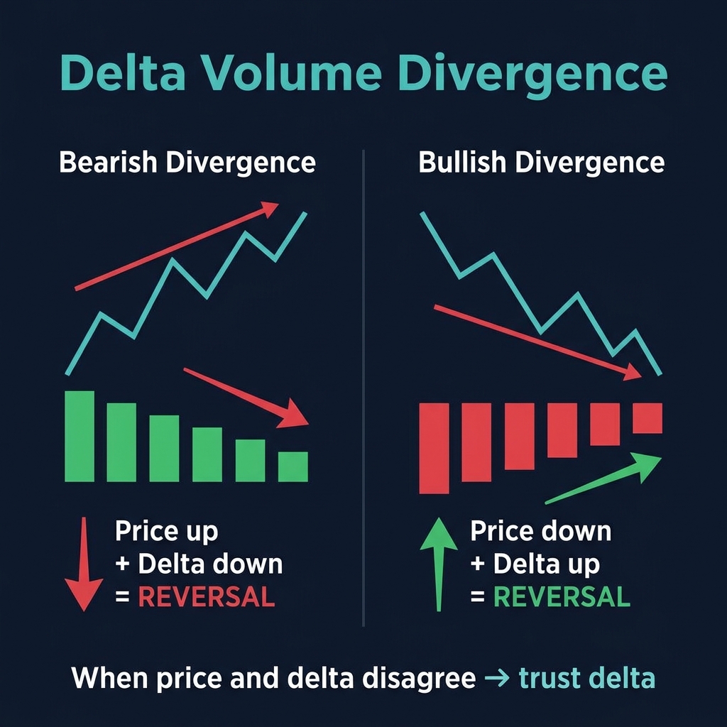 Delta Volume Divergence — Bearish (price up + delta down) and Bullish (price down + delta up) patterns
