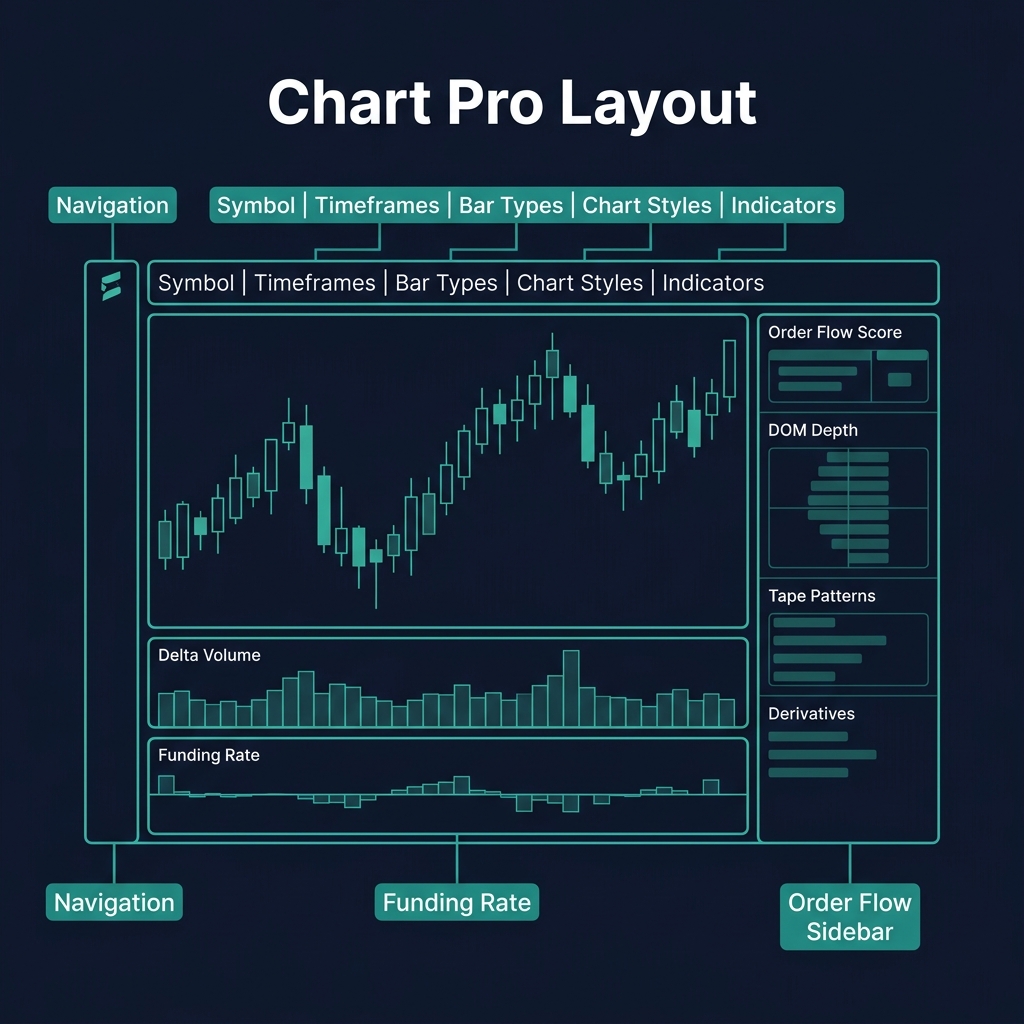 Chart Pro Layout — 3-zone workspace: toolbar, chart area with sub-panels, and order flow sidebar