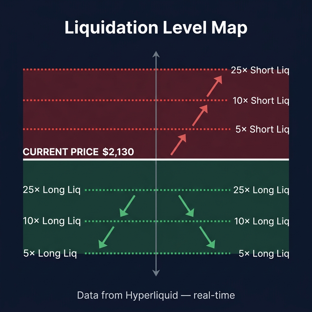 Liquidation Level Map — 6 levels (5×/10×/25× for longs and shorts) with cascade arrows from Hyperliquid