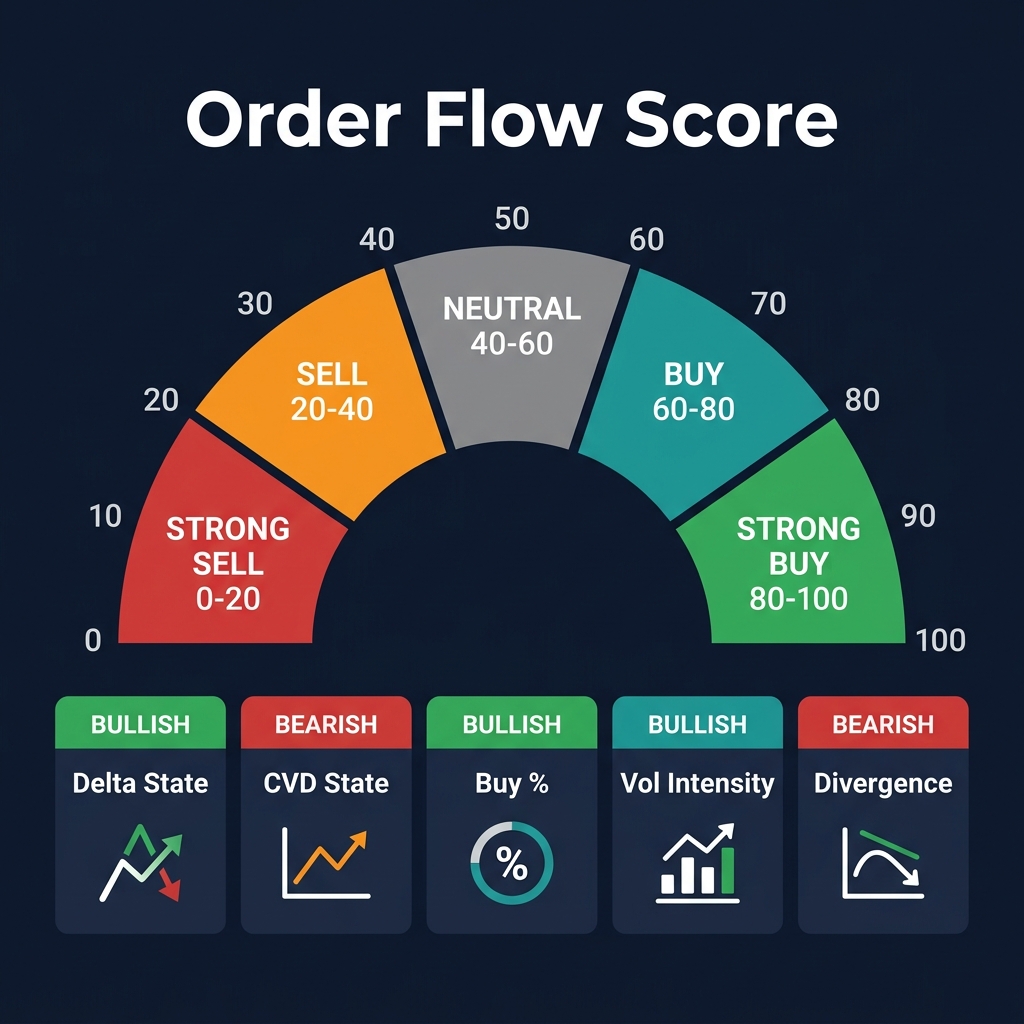 Order Flow Score — 0-100 gauge with 5 zones (Strong Sell to Strong Buy) and 5 sub-components