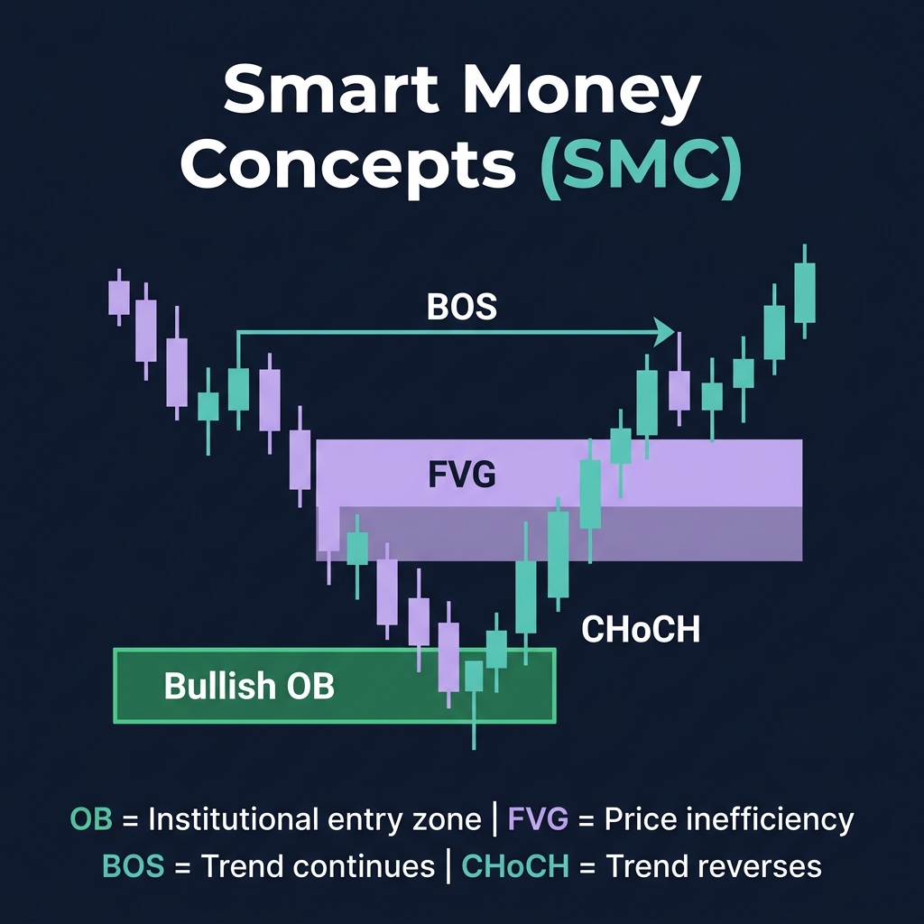 Smart Money Concepts — Order Blocks, Fair Value Gaps, BOS, and CHoCH auto-detected on chart