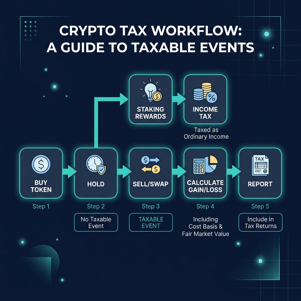 Crypto tax workflow: Buy → Hold (No Tax) → Sell/Swap (Taxable) → Calculate Gain/Loss → Report. Branch: Staking Rewards → Income Tax