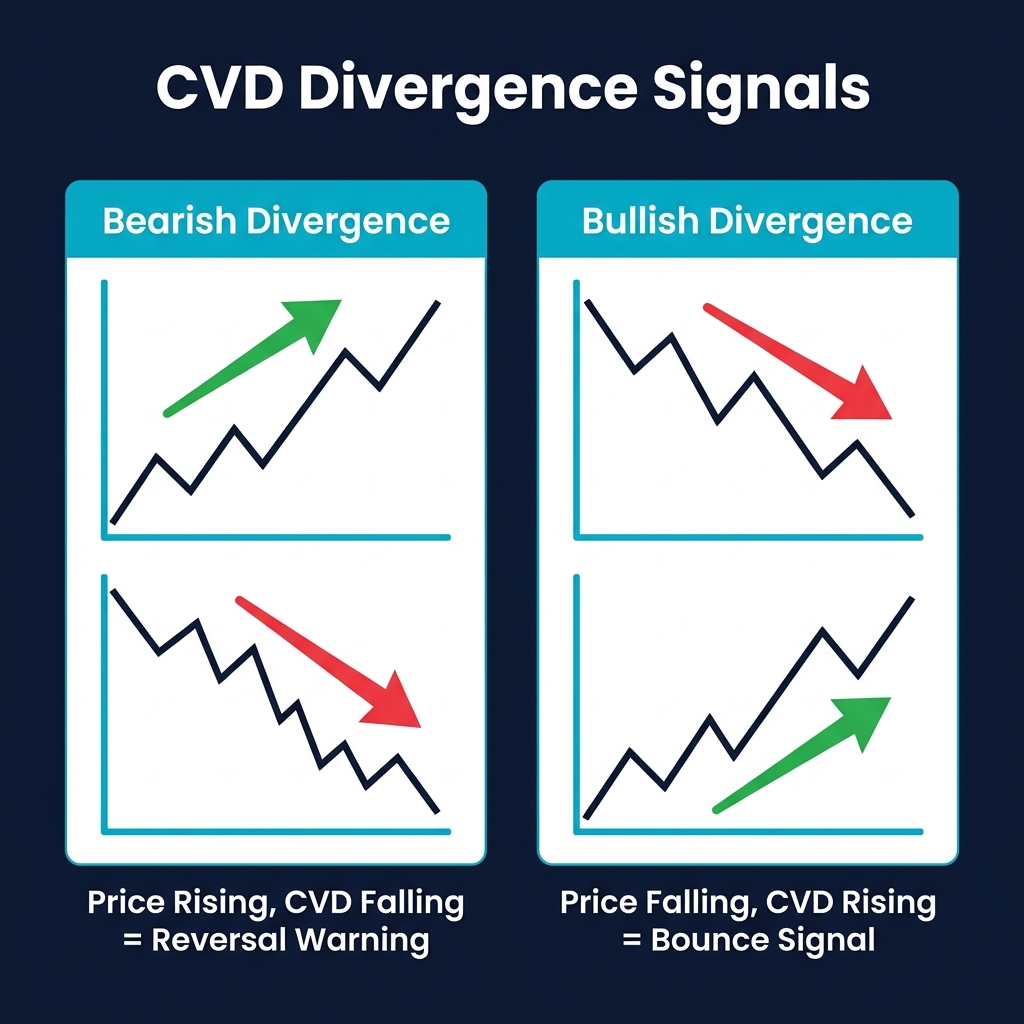 CVD Divergence signals: Price rising + CVD falling = Bearish reversal warning, Price falling + CVD rising = Bullish reversal signal