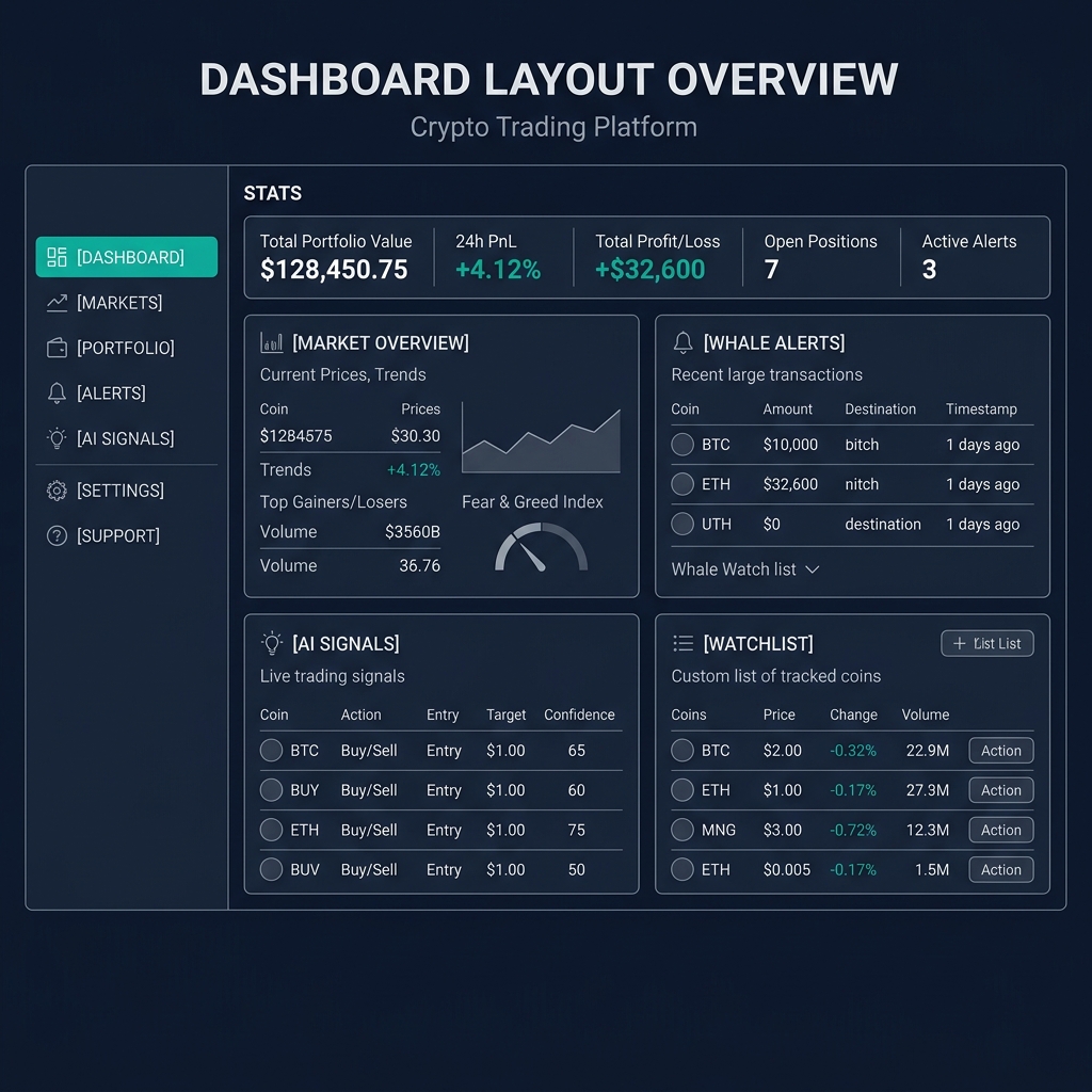 CoinXSight Dashboard layout overview: sidebar navigation, stats bar, market overview, whale alerts, AI signals, and watchlist sections