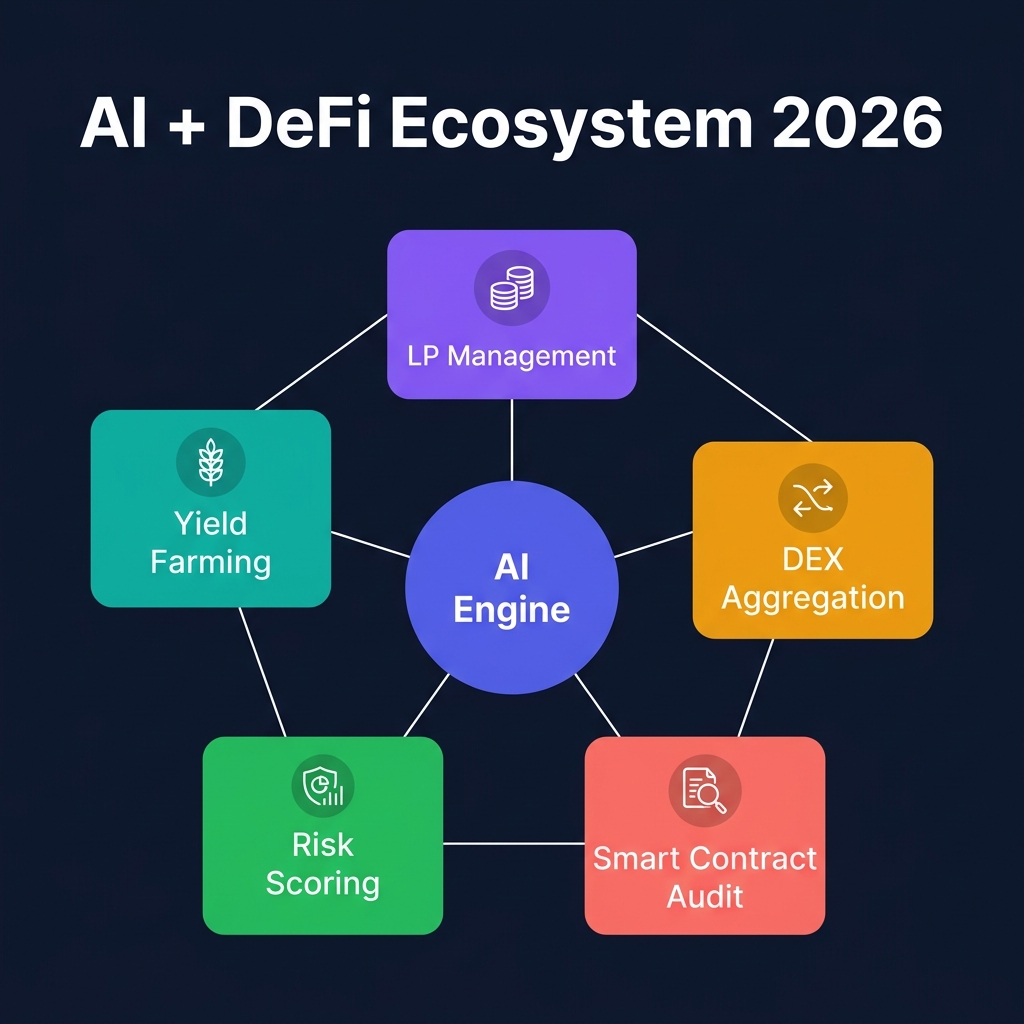 DeFi + AI ecosystem overview showing data flows between on-chain analytics, ML models, yield optimizers, and DEX execution engines