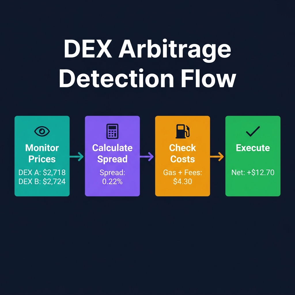 Arbitrage detection flow showing price feeds from multiple DEXs and CEXs converging into an AI detection engine that identifies profitable opportunities after gas and slippage