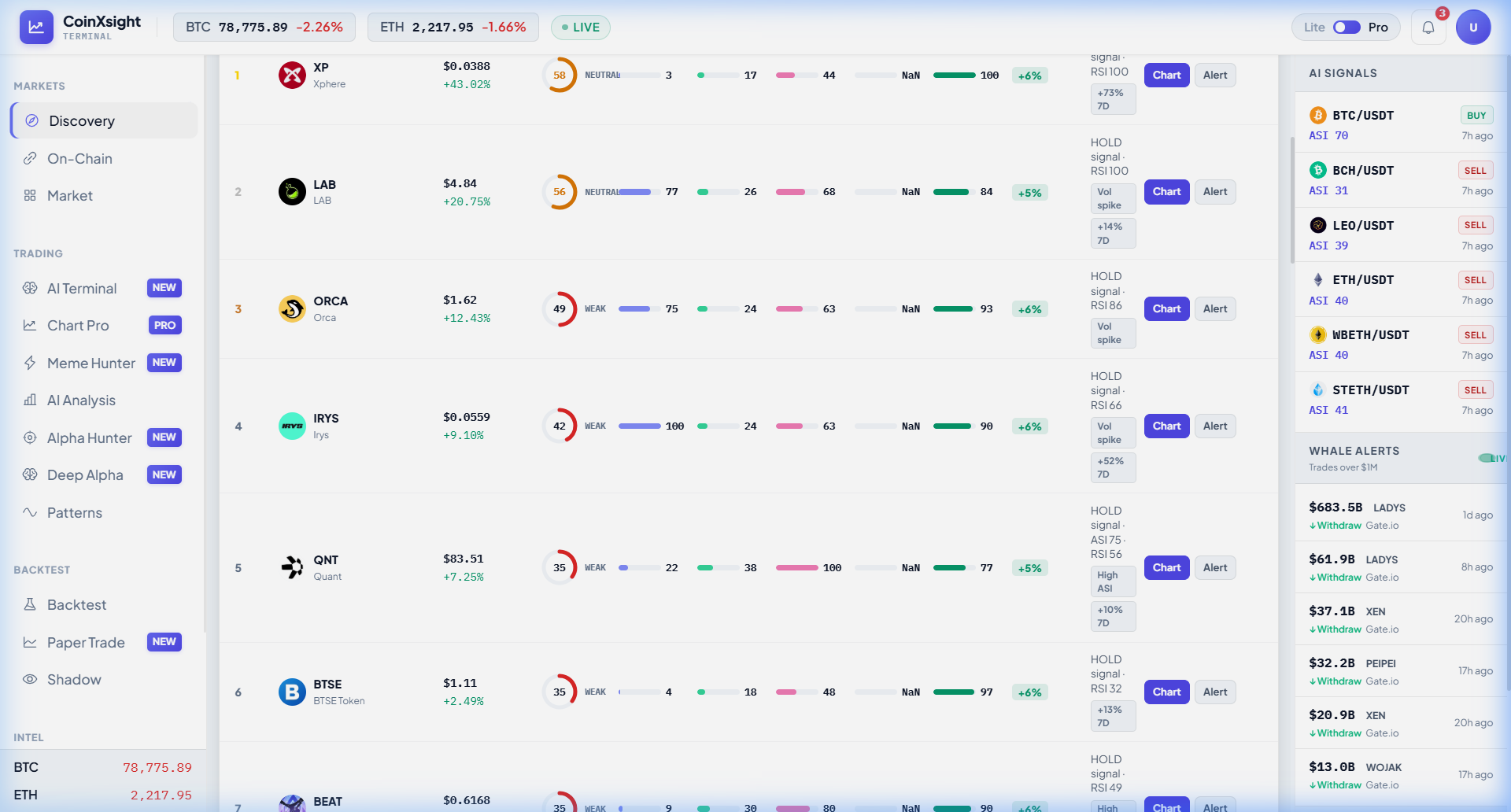 Discovery module showing signal triage with Alert buttons for each token — allowing automated monitoring of FVG zone retests