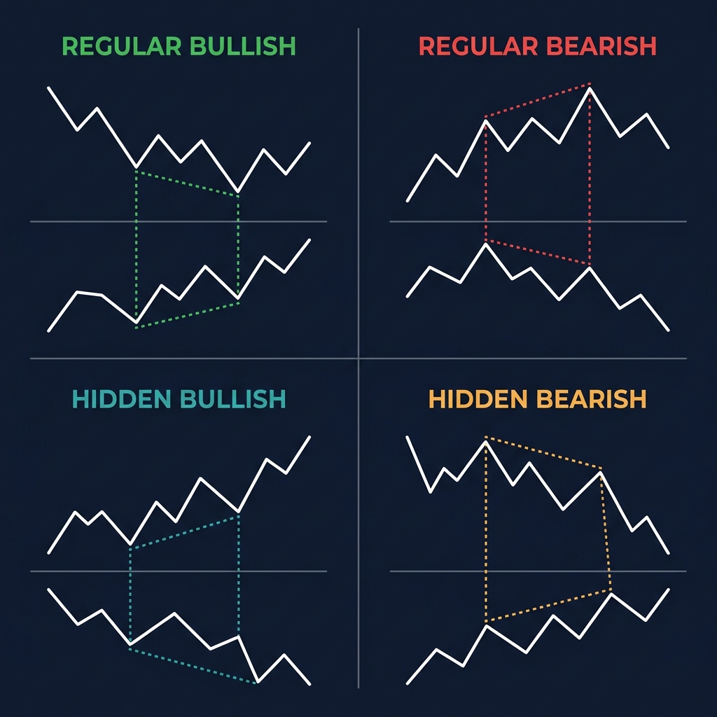 4 loại Divergence — Regular Bullish/Bearish và Hidden Bullish/Bearish