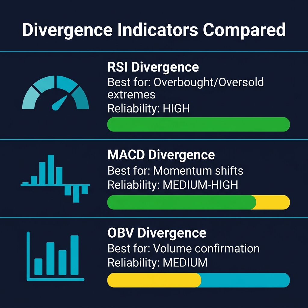 Divergence Indicators Compared: RSI (highest reliability for overbought/oversold), MACD (medium-high for momentum shifts), OBV (medium for volume confirmation)