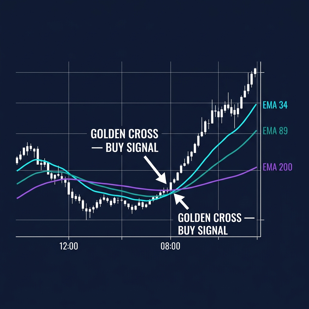 EMA crossover system with EMA 34, 89, and 200 showing golden cross buy signal and trend alignment