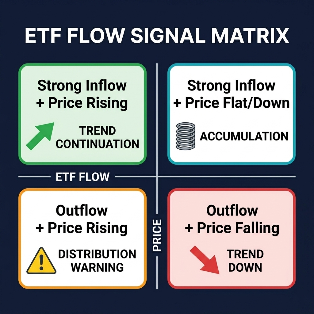 ETF flow signal matrix showing four scenarios — trend continuation, accumulation, distribution warning, and trend down