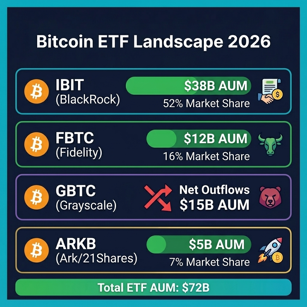Bitcoin ETF landscape in 2026 showing major providers, AUM, and market share