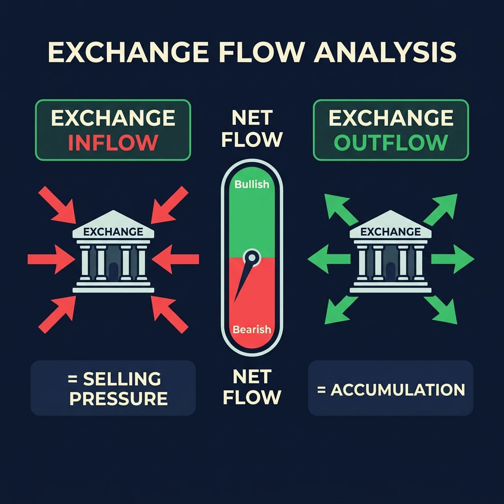 Exchange flow analysis: Inflow (selling pressure) vs Outflow (accumulation) with net flow indicator