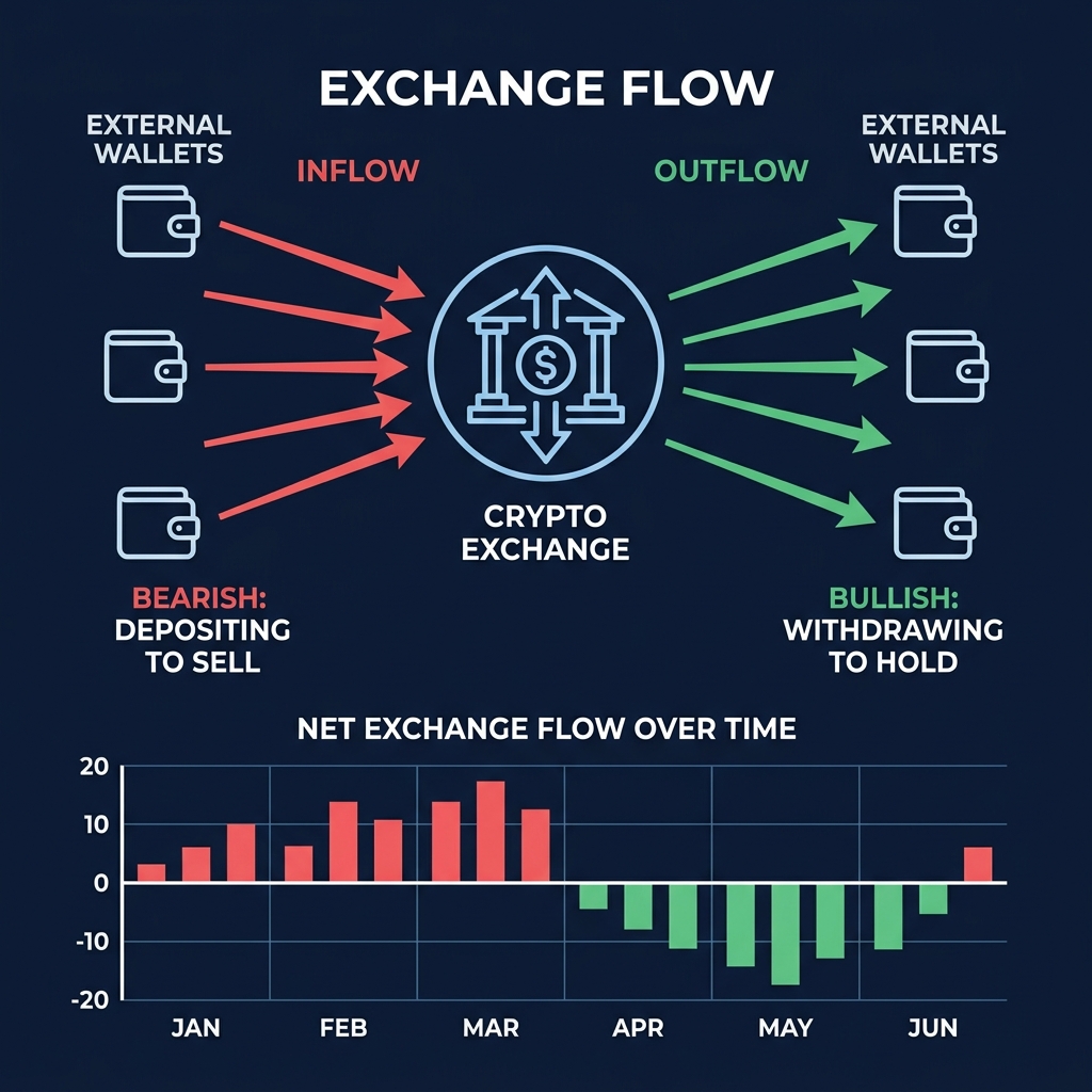Exchange flow — inflow bearish vs outflow bullish với net flow timeline