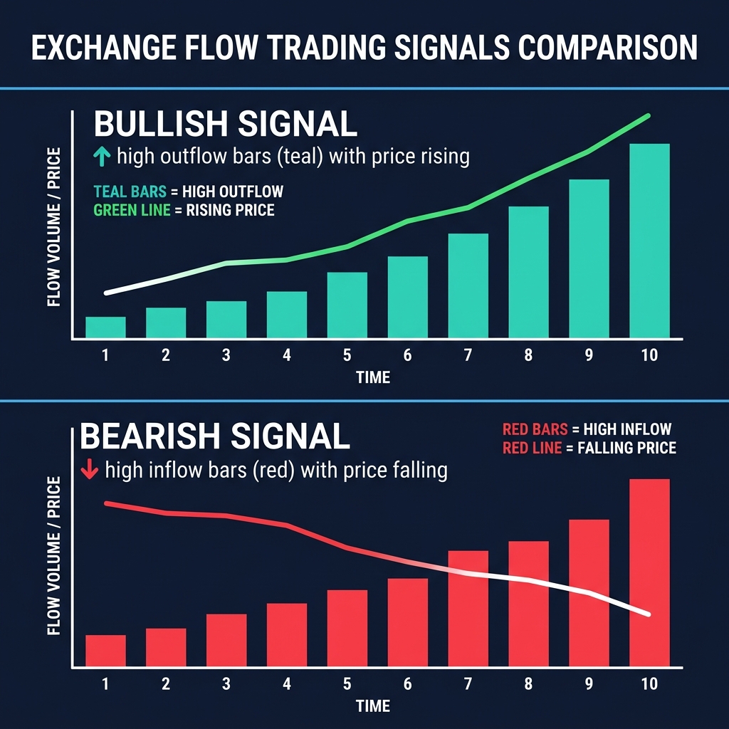 Exchange flow trading signals: Bullish (high outflow + price rising) vs Bearish (high inflow + price falling)