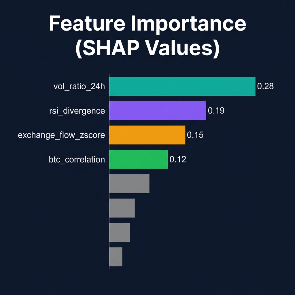 SHAP feature importance: horizontal bar chart showing top features ranked by mean absolute SHAP value with directional impact