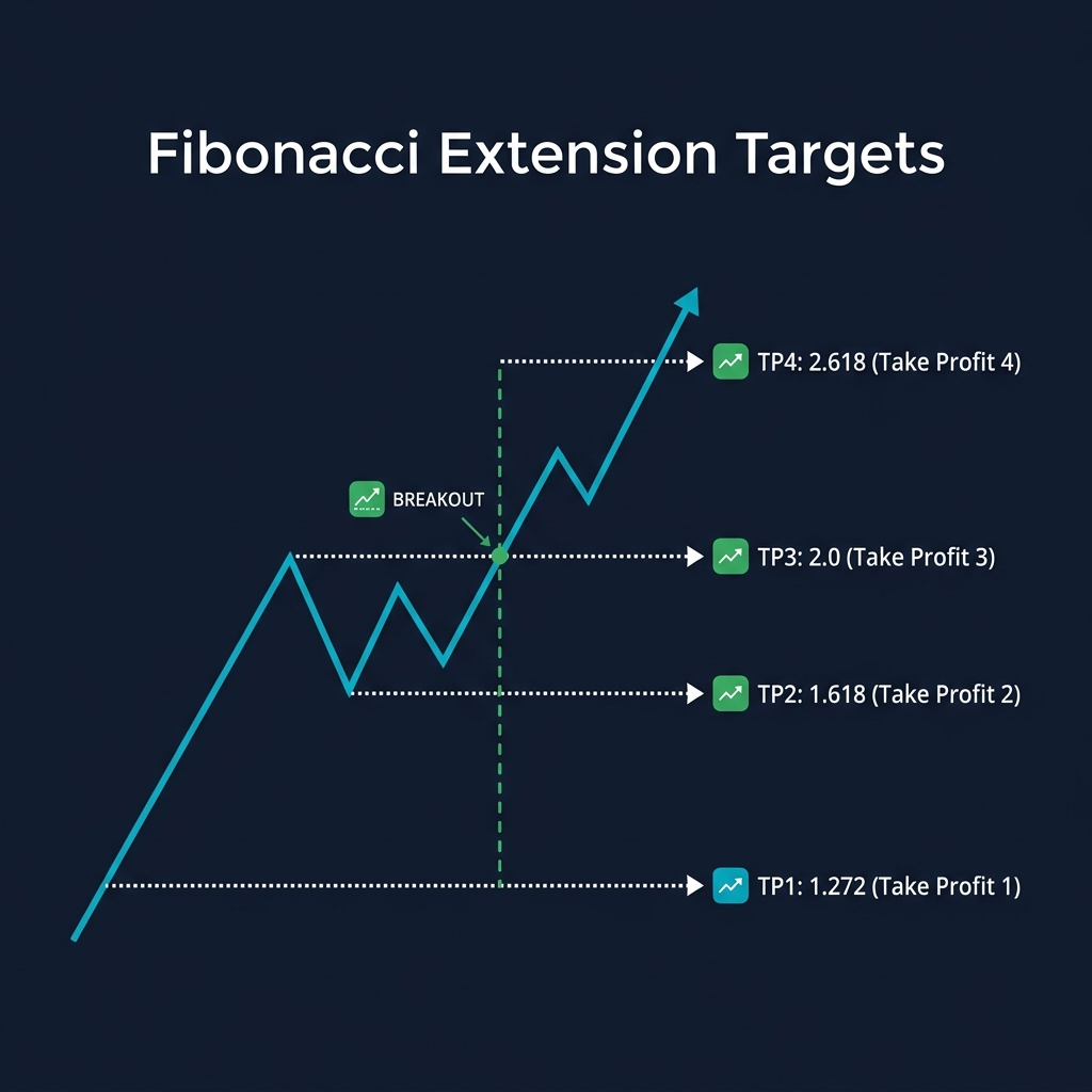 Fibonacci extension levels (1.272, 1.618, 2.0, 2.618) shown as profit targets above a breakout point