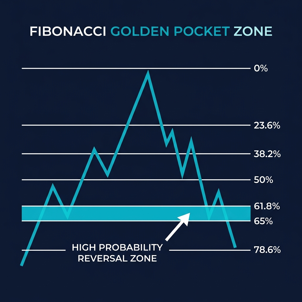 Fibonacci golden pocket zone (61.8%-65%) highlighted as high probability reversal area on a chart