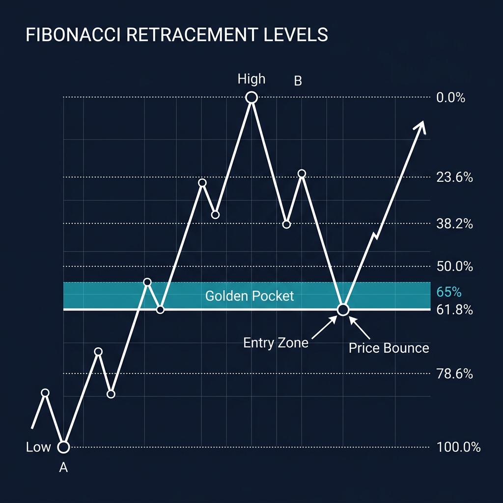 Fibonacci retracement levels với Golden Pocket zone (61.8%-65%)