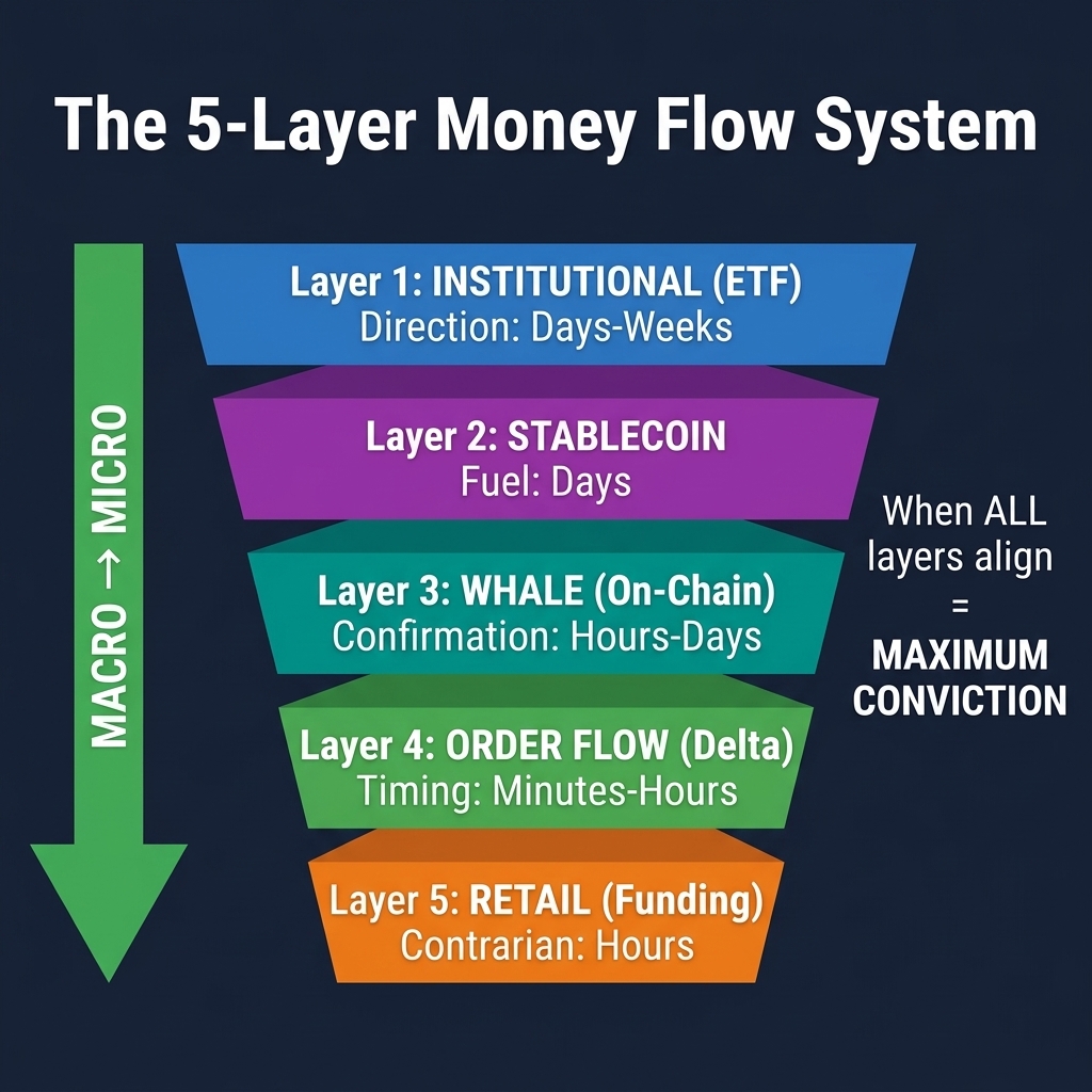 The 5-Layer Money Flow System — from institutional macro flow down to retail micro flow